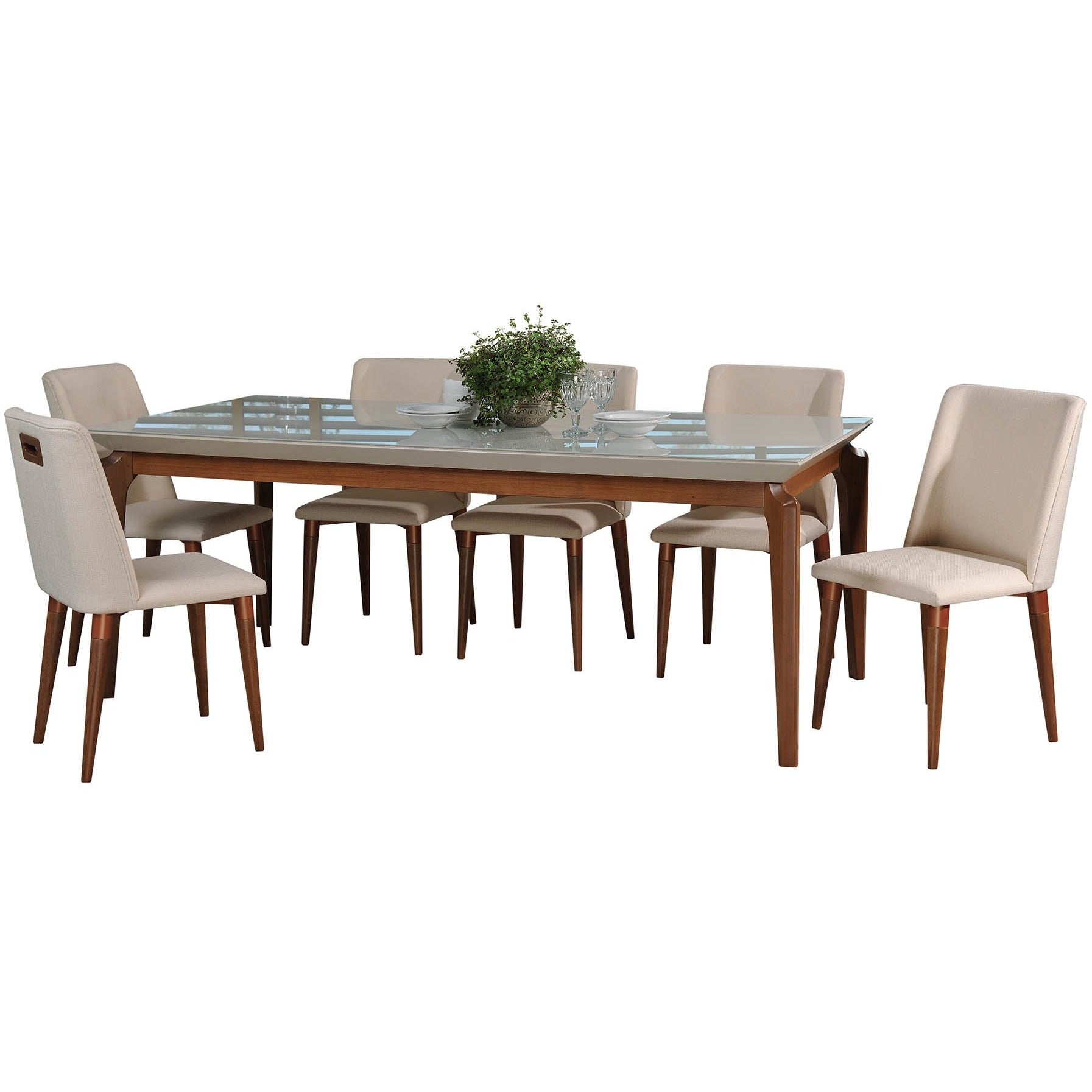Manhattan Comfort 7-Piece Payson 82.67" and Tampa Dining Set with 6 Dining Chairs in Off White and Dark Beige-Minimal & Modern