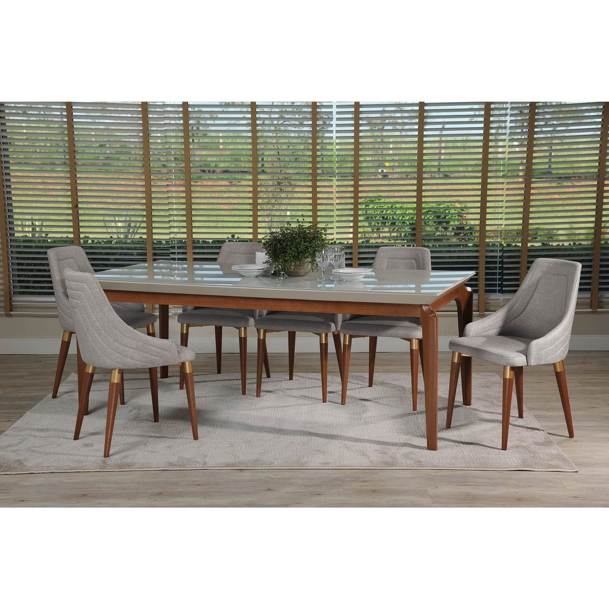 Manhattan Comfort 7-Piece Payson 82.67" and Utopia 2.0 Dining Set with 6 Dining Chairs in Off White and Grey-Minimal & Modern