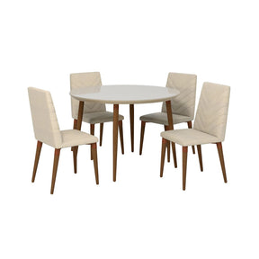 Manhattan Comfort Utopia 45.28 Modern Round Dining Table with Chevron Dining Chairs in Off White and Beige - Set of 5Manhattan Comfort-Dining Sets - - 1