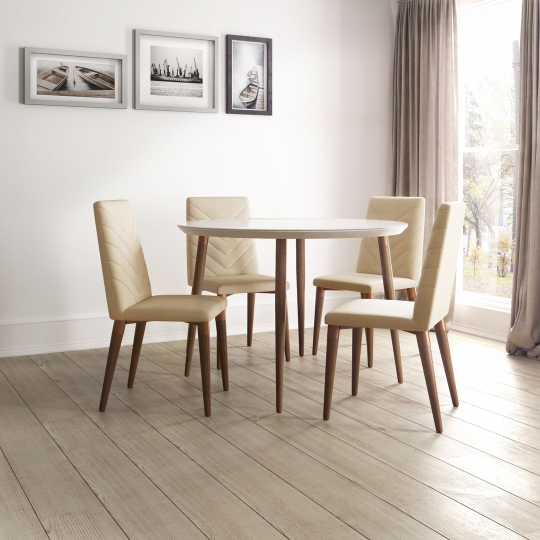 Manhattan Comfort Utopia 45.28 Modern Round Dining Table with Chevron Dining Chairs in Off White and Beige - Set of 5