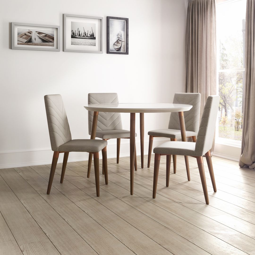 Manhattan Comfort Utopia 45.28 Modern Round Dining Table with Chevron Dining Chairs in Off White and Grey - Set of 5