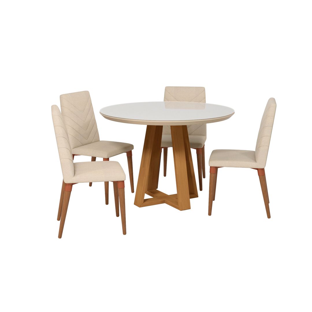 Manhattan Comfort Duffy 45.27 Modern Round Dining Table and Utopia Chevron Dining Chairs in Off White and Beige - Set of 5Manhattan Comfort-Dining Sets - - 1