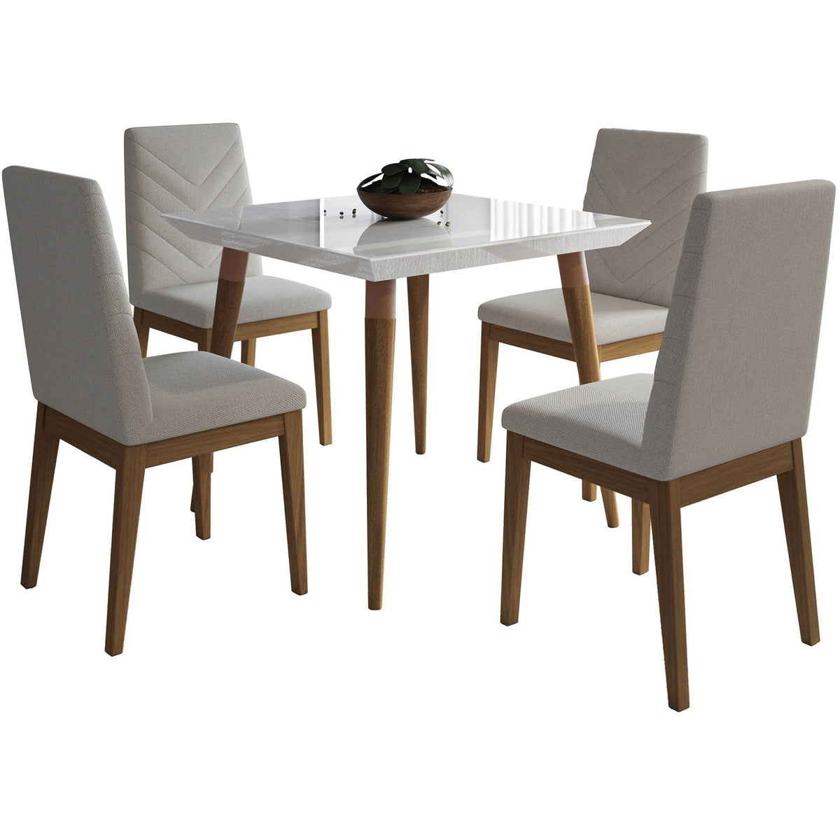 Manhattan Comfort 5-Piece Utopia 35.43" and Catherine Dining Set with 4 Dining Chairs in White Gloss and Beige-Minimal & Modern