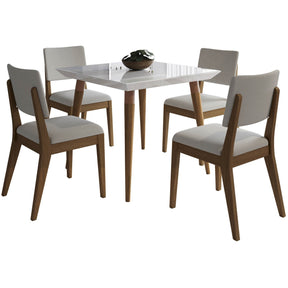 Manhattan Comfort 5-Piece Utopia 35.43" and Dover Dining Set with 4 Dining Chairs in White Gloss and Beige-Minimal & Modern