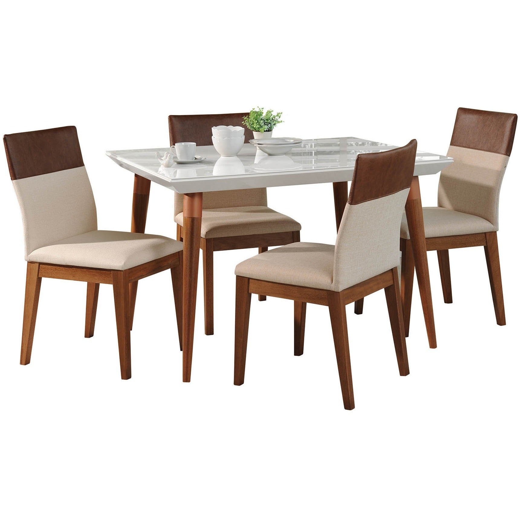 Manhattan Comfort 5-Piece Utopia 47.24" and Duke Dining Set with 4 Dining Chairs in White Gloss and Dark Beige and Brown-Minimal & Modern