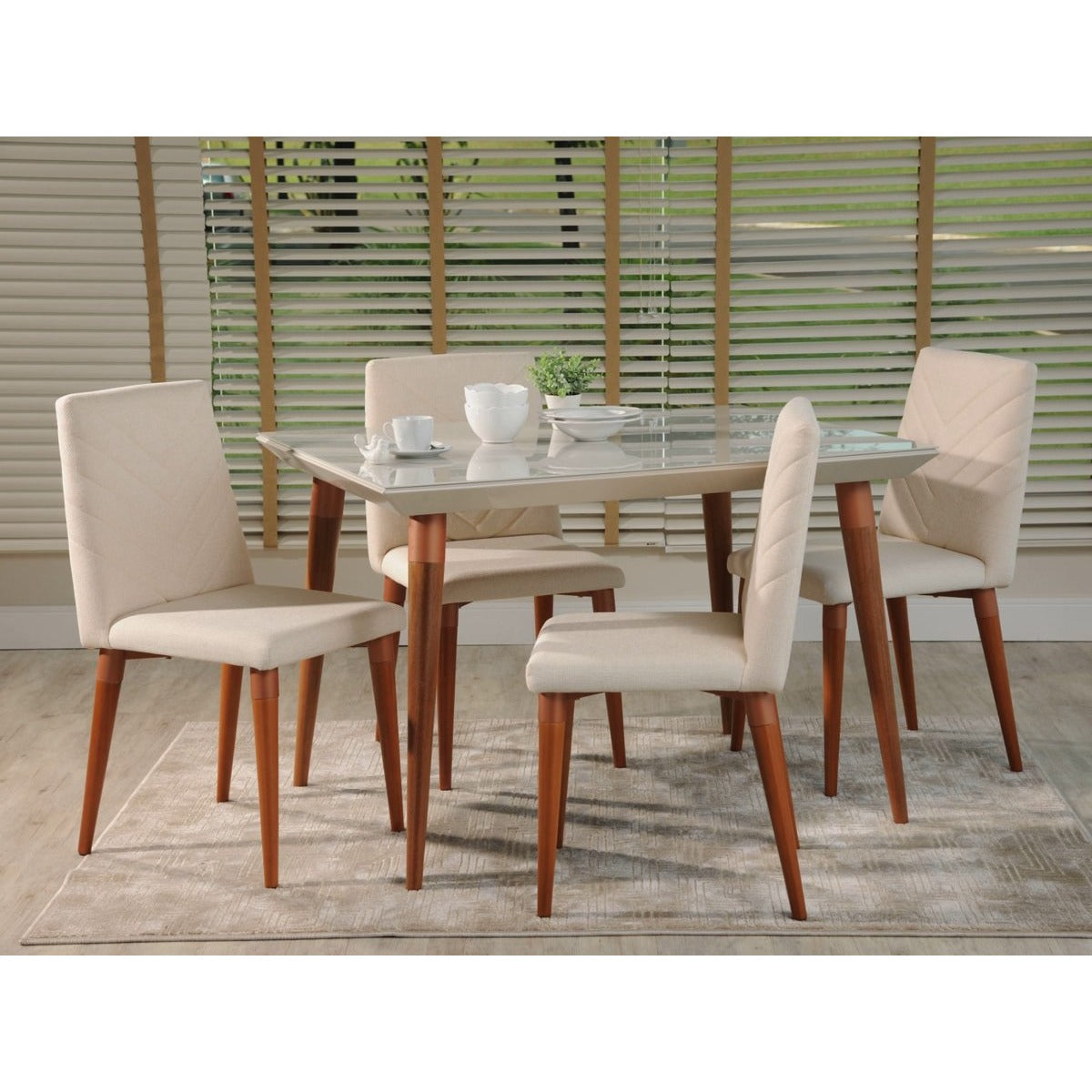Manhattan Comfort 5-Piece Utopia 47.24" Dining Set with 4 Dining Chairs in White Gloss and Beige-Minimal & Modern