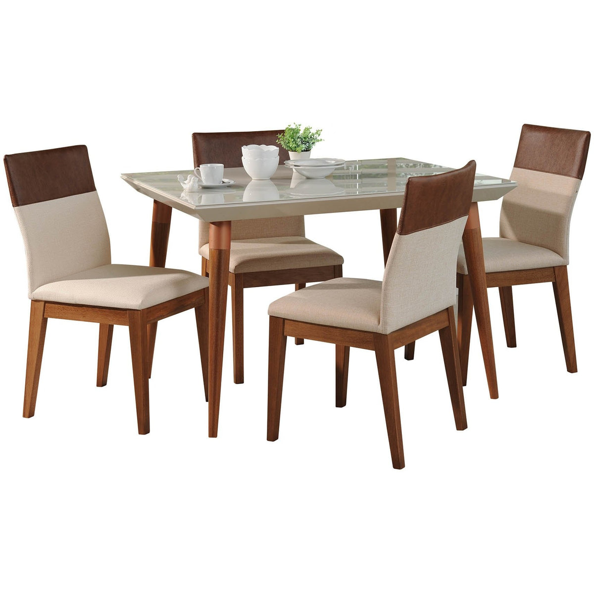 Manhattan Comfort 5-Piece Utopia 47.24" and Duke Dining Set with 4 Dining Chairs in Off White and Dark Beige and Brown-Minimal & Modern