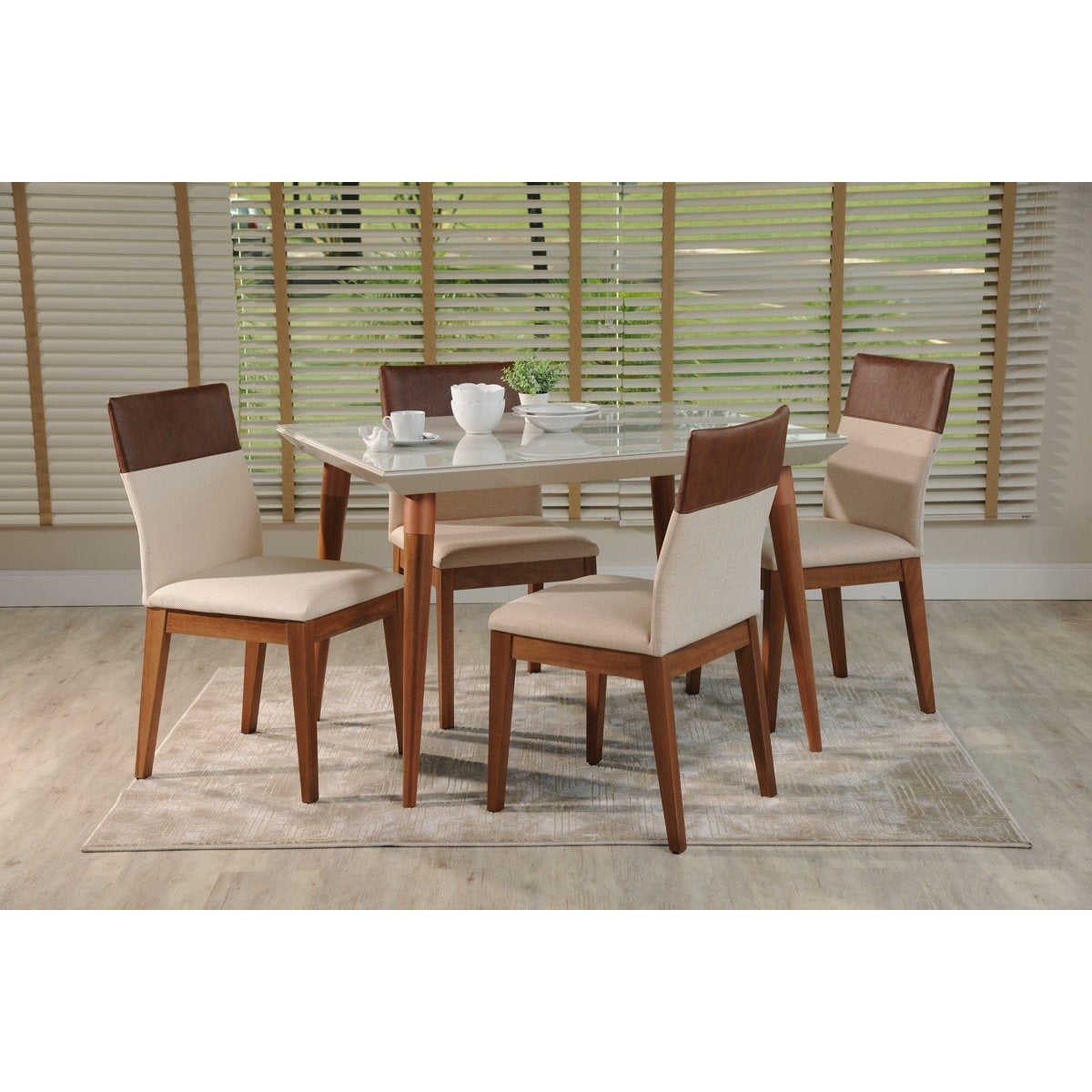 Manhattan Comfort 5-Piece Utopia 47.24" and Duke Dining Set with 4 Dining Chairs in Off White and Dark Beige and Brown-Minimal & Modern