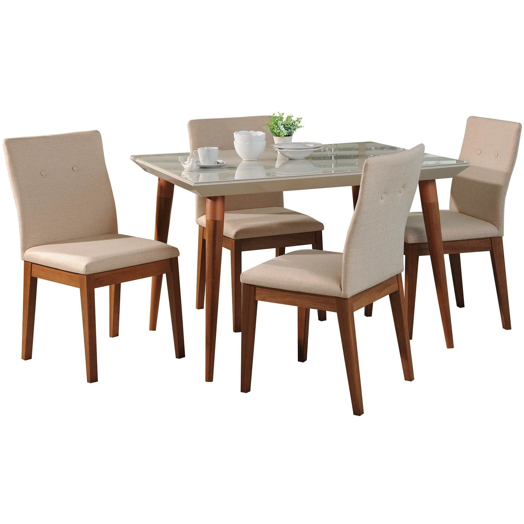 Manhattan Comfort 5-Piece Utopia 47.24" and Leroy Dining Set with 4 Dining Chairs in Off White and Dark Beige-Minimal & Modern