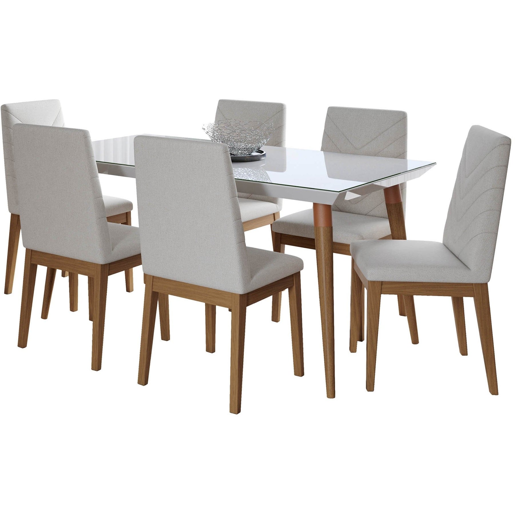 Manhattan Comfort 7-Piece Utopia 62.99" and Catherine Dining Set with 6 Dining Chairs in White Gloss and Beige-Minimal & Modern