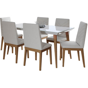 Manhattan Comfort 7-Piece Utopia 62.99" and Catherine Dining Set with 6 Dining Chairs in White Gloss and Beige-Minimal & Modern
