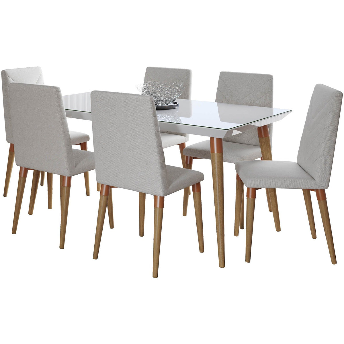 Manhattan Comfort 7-Piece Utopia 62.99" Dining Set with 6 Dining Chairs in White Gloss and Beige-Minimal & Modern