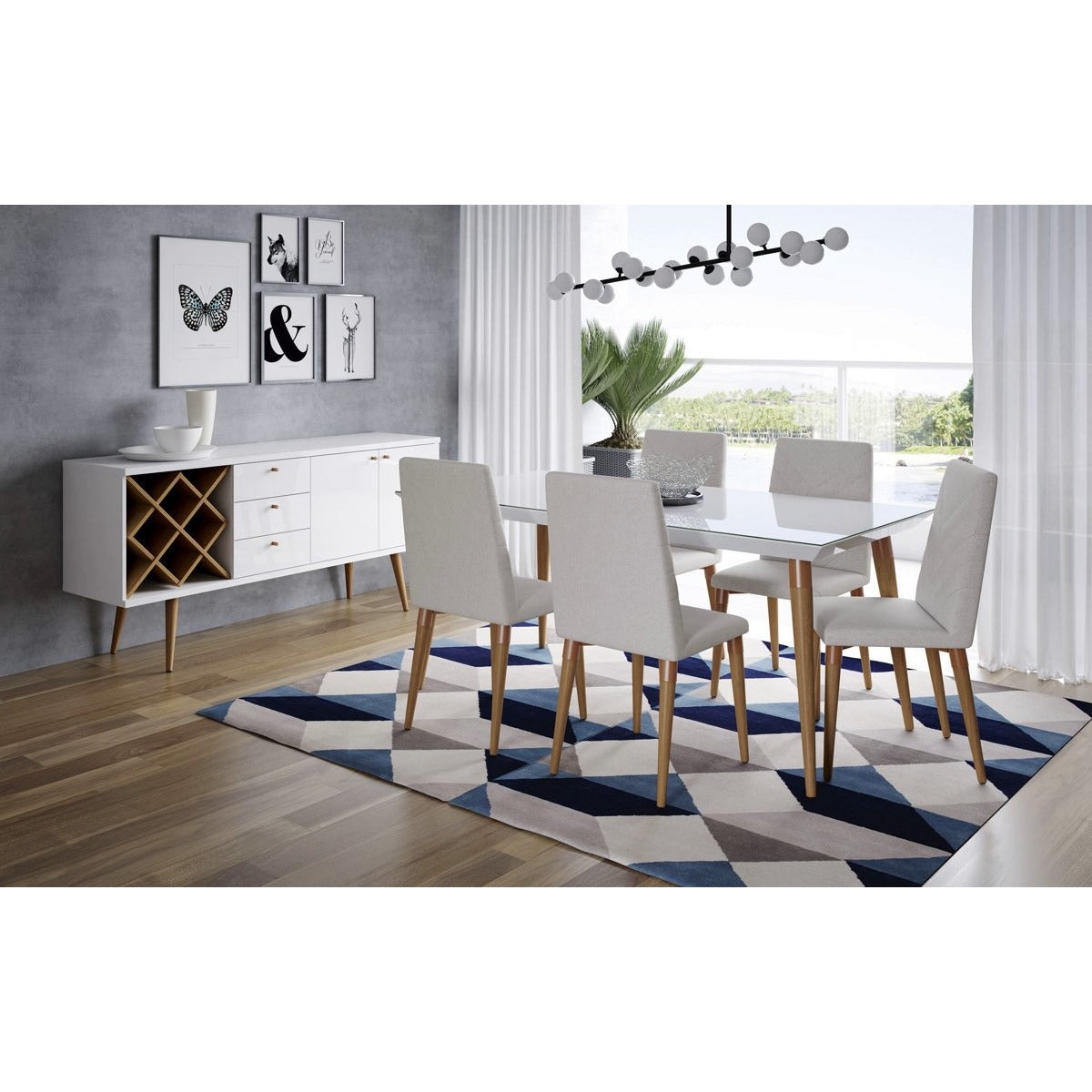 Manhattan Comfort 7-Piece Utopia 62.99" Dining Set with 6 Dining Chairs in White Gloss and Beige-Minimal & Modern