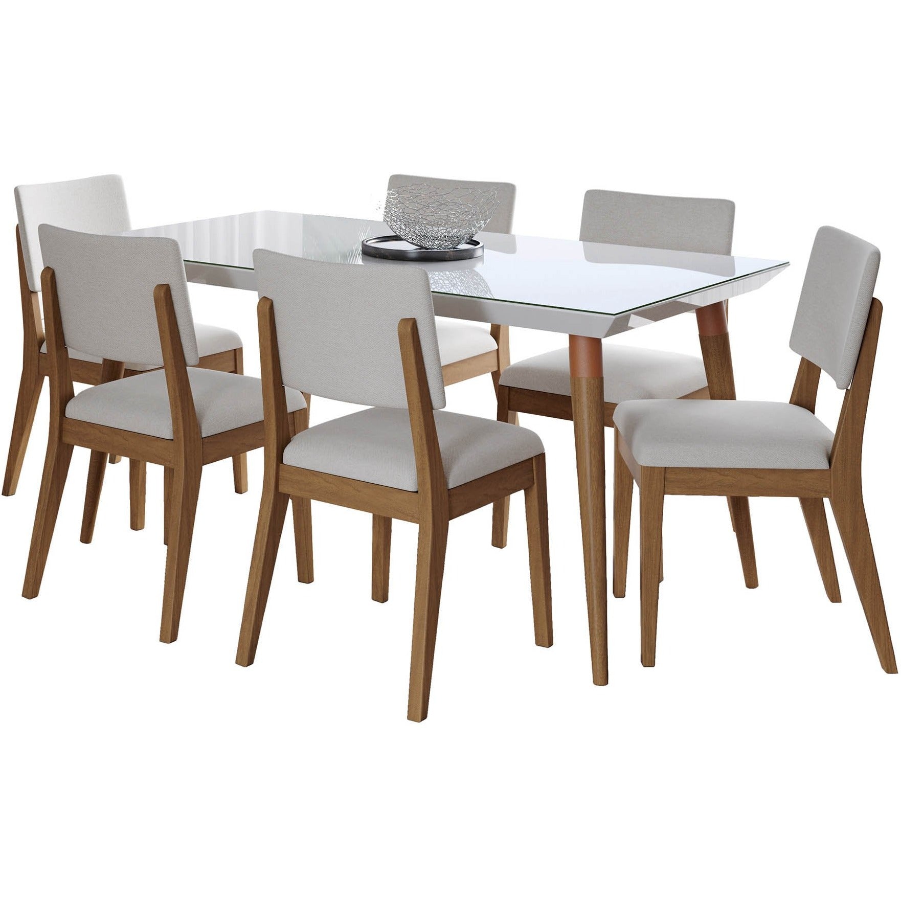 Manhattan Comfort 7-Piece Utopia 62.99" and Dover Dining Set with 6 Dining Chairs in White Gloss and Beige-Minimal & Modern