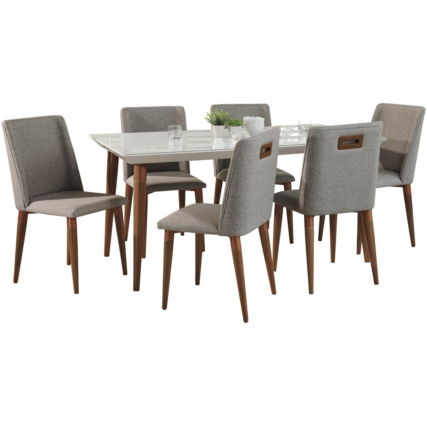 Manhattan Comfort 7-Piece Utopia 70.86" and Tampa Dining Set with 6 Dining Chairs in White Gloss and Grey-Minimal & Modern