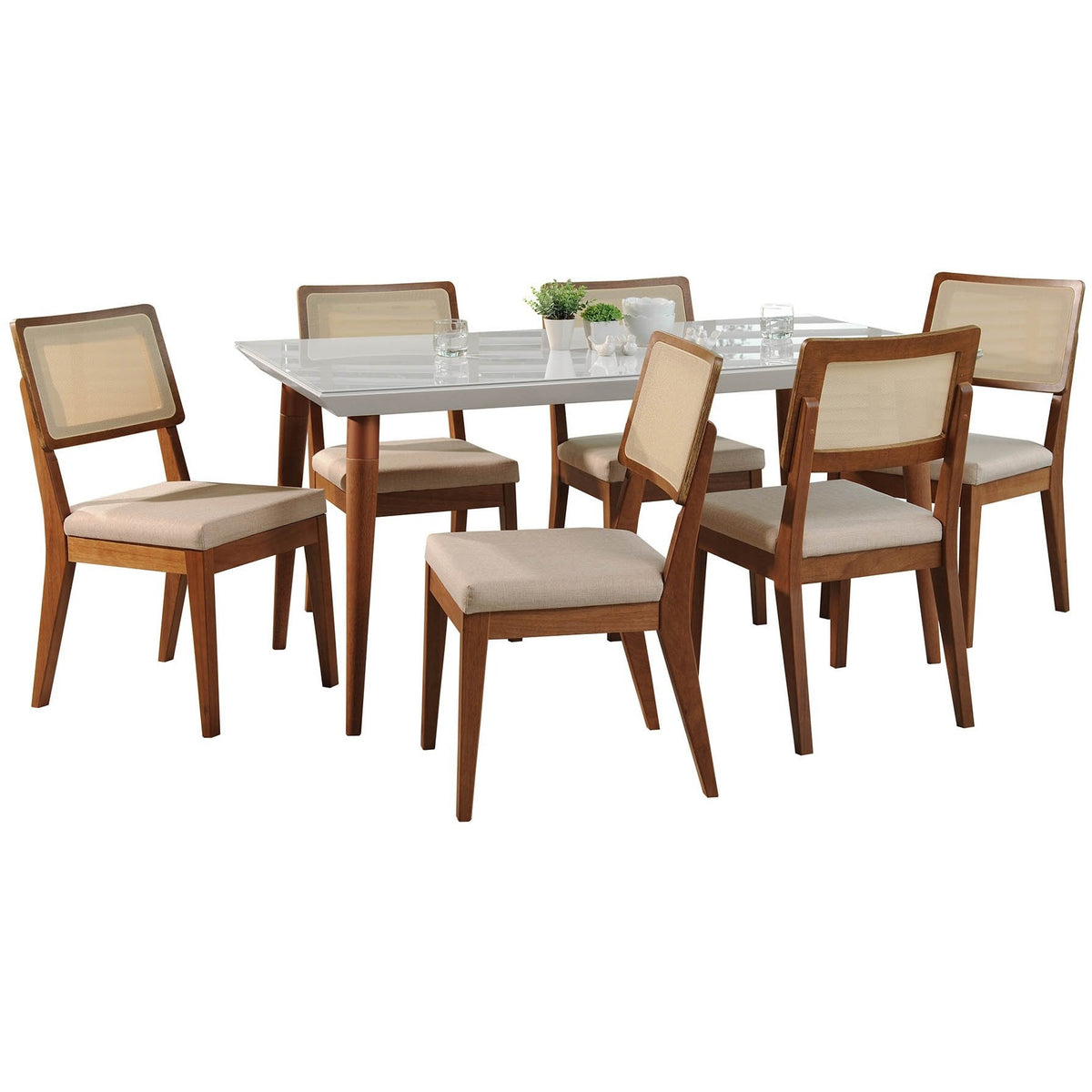 Manhattan Comfort 7-Piece Utopia 70.86" and Pell Dining Set with 6 Dining Chairs in White Gloss and Dark Beige and Maple Cream-Minimal & Modern