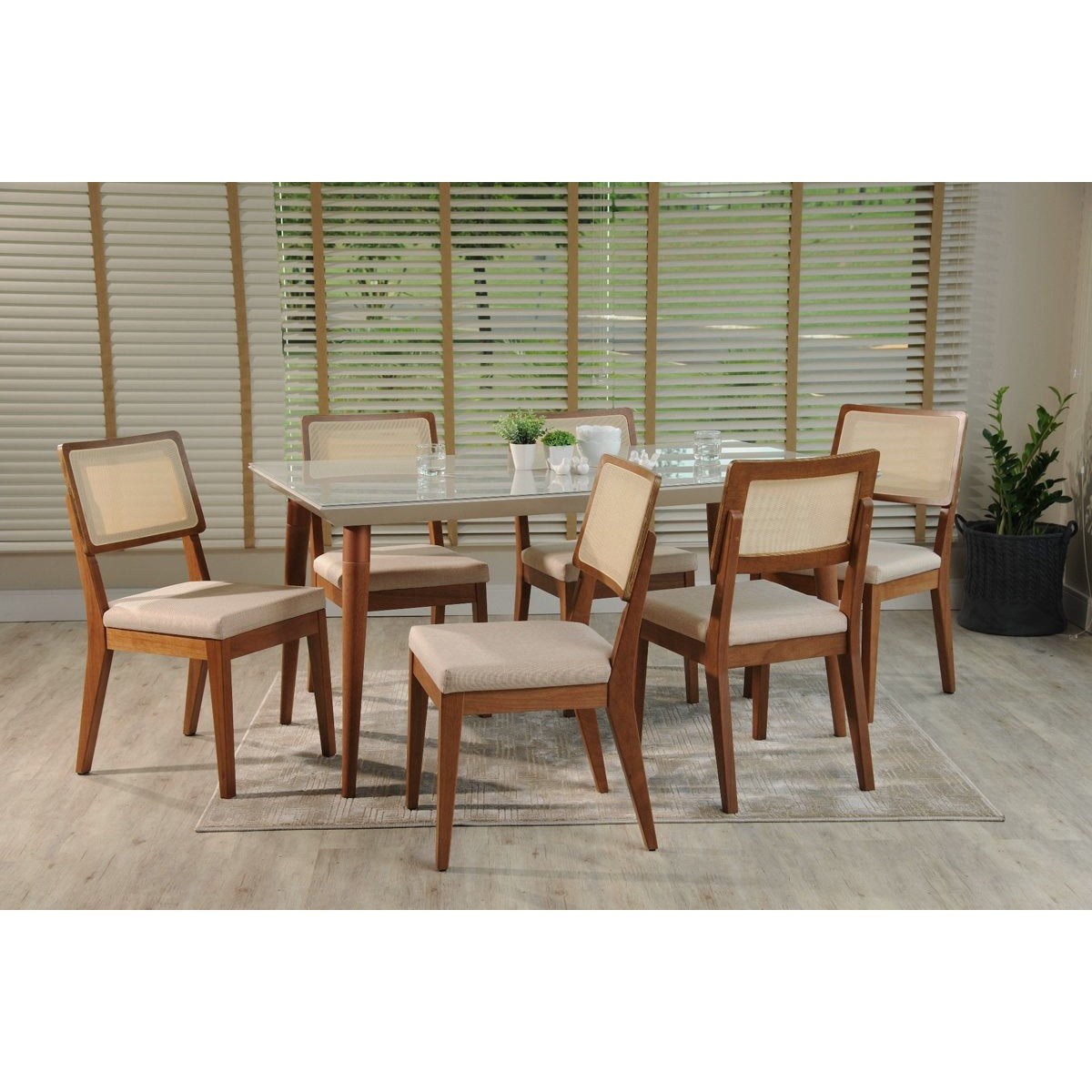 Manhattan Comfort 7-Piece Utopia 70.86" and Pell Dining Set with 6 Dining Chairs in White Gloss and Dark Beige and Maple Cream-Minimal & Modern