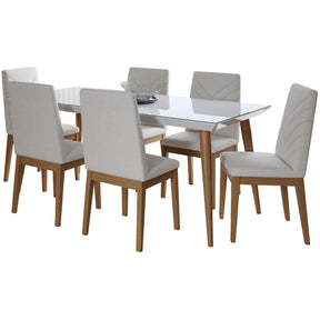 Manhattan Comfort 7-Piece Utopia 70.86" and Catherine Dining Set with 6 Dining Chairs in White Gloss and Beige-Minimal & Modern
