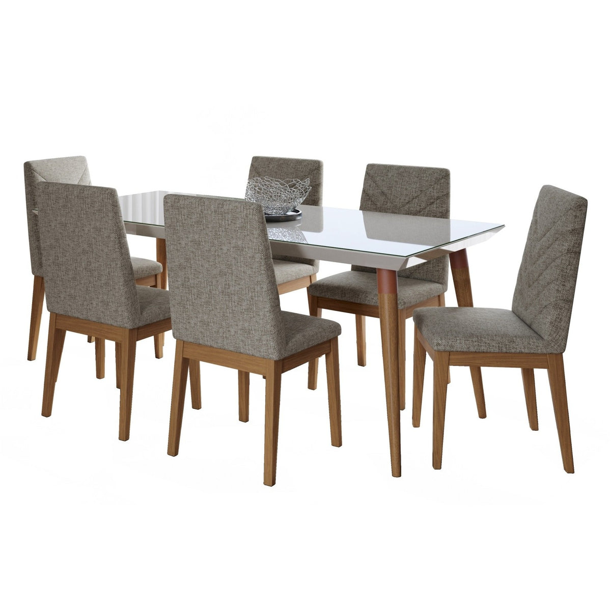 Manhattan Comfort 7-Piece Utopia 70.86" and Catherine Dining Set with 6 Dining Chairs in White Gloss and Grey-Minimal & Modern