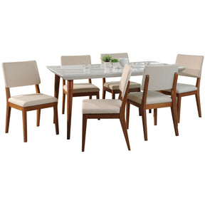 Manhattan Comfort 7-Piece Utopia 70.86" and Dover Dining Set with 6 Dining Chairs in White Gloss and Beige-Minimal & Modern