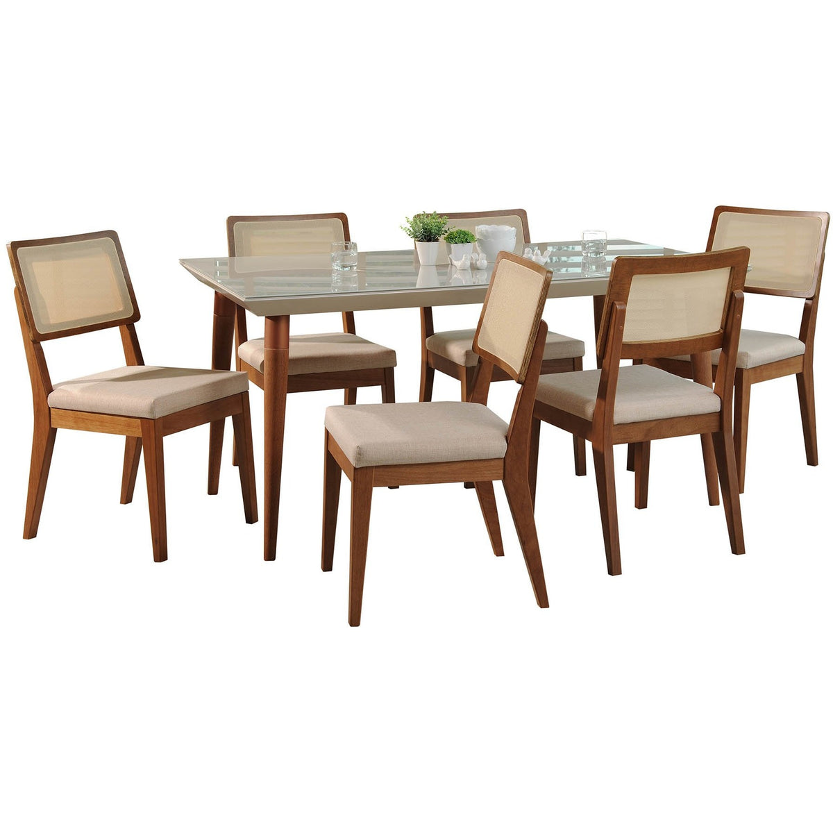 Manhattan Comfort 7-Piece Utopia 70.86" and Pell Dining Set with 6 Dining Chairs in Off White and Dark Beige-Minimal & Modern