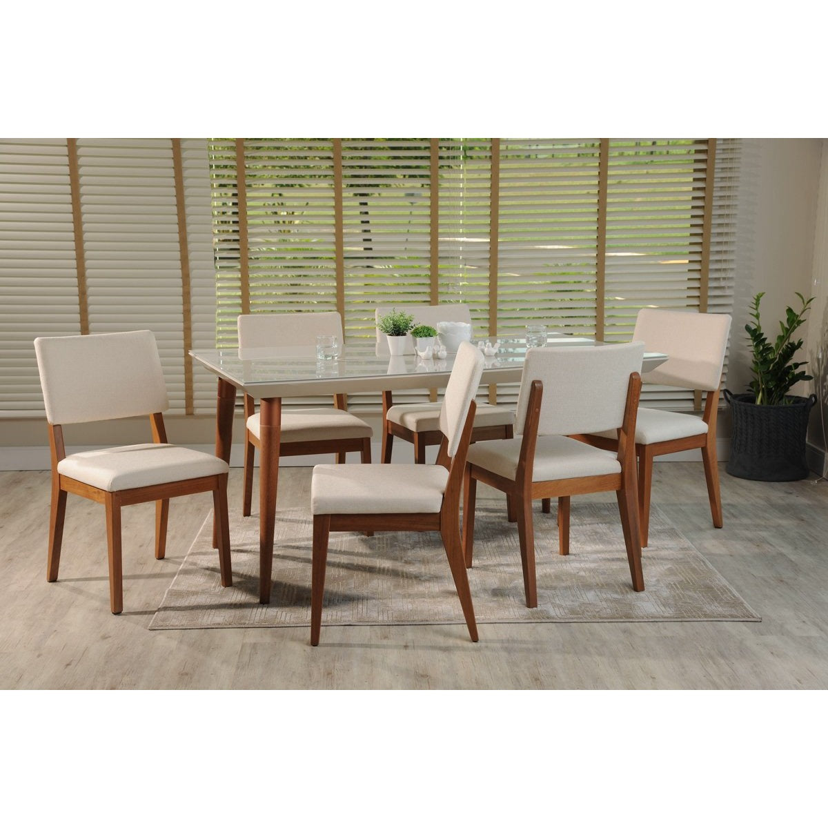 Manhattan Comfort 7-Piece Utopia 70.86" and Dover Dining Set with 6 Dining Chairs in Off White and Beige-Minimal & Modern