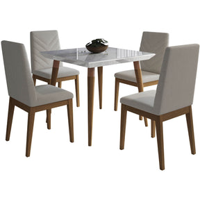 Manhattan Comfort 5-Piece Utopia 35.43" and Catherine Dining Set with 4 Dining Chairs in White Gloss Marble and Beige-Minimal & Modern
