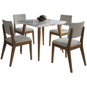 Manhattan Comfort 5-Piece Utopia 35.43" and Dover Dining Set with 4 Dining Chairs in White Gloss Marble and Beige-Minimal & Modern