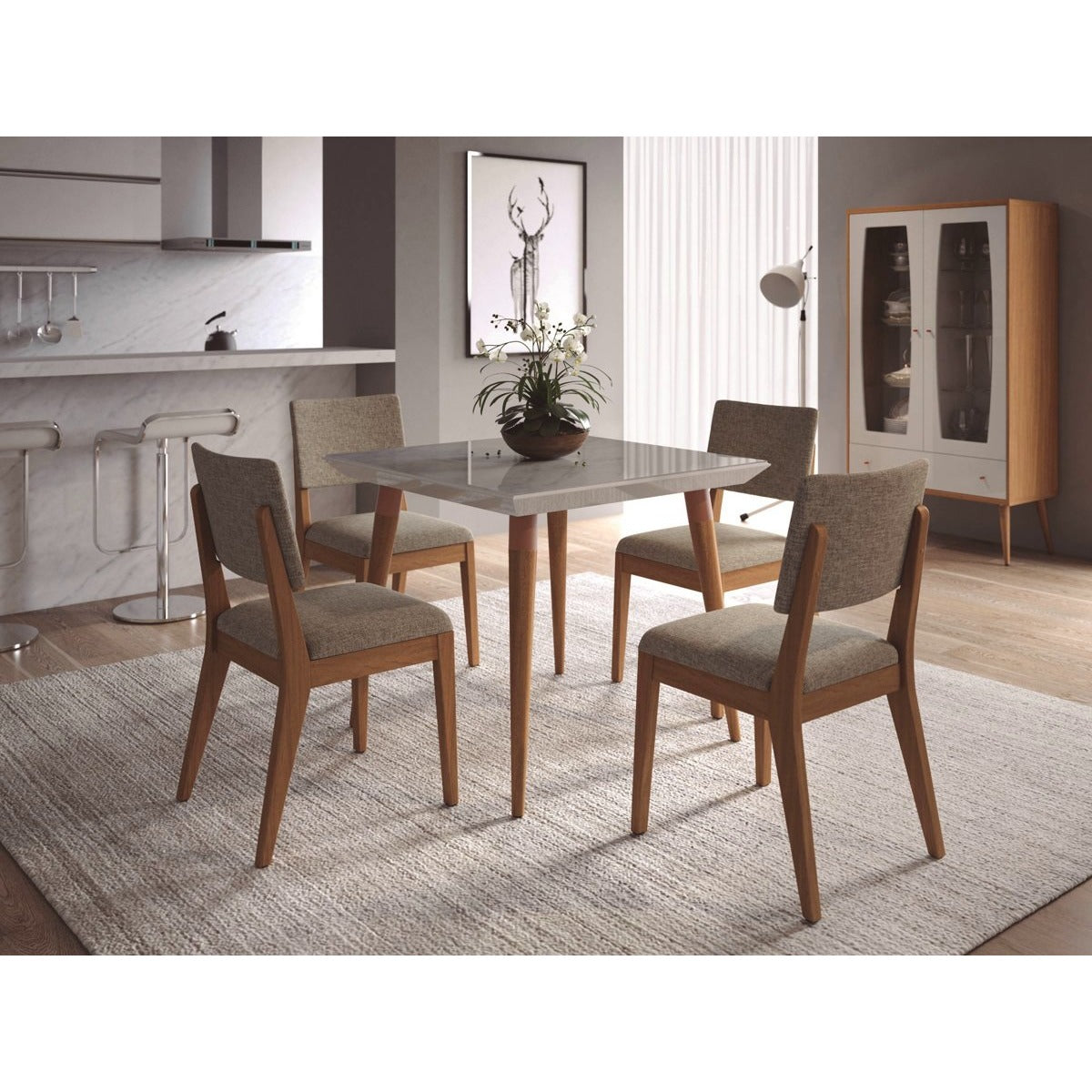 Manhattan Comfort 5-Piece Utopia 35.43" and Dover Dining Set with 4 Dining Chairs in Off White Marble and Grey-Minimal & Modern