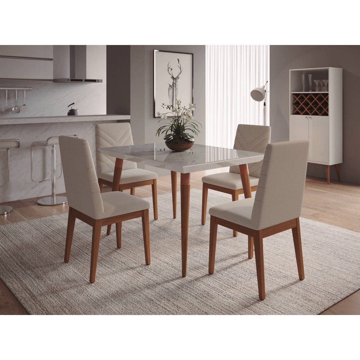 Manhattan Comfort 5-Piece Utopia 47.24" and Catherine Dining Set with 4 Dining Chairs in White Gloss Marble and Beige-Minimal & Modern
