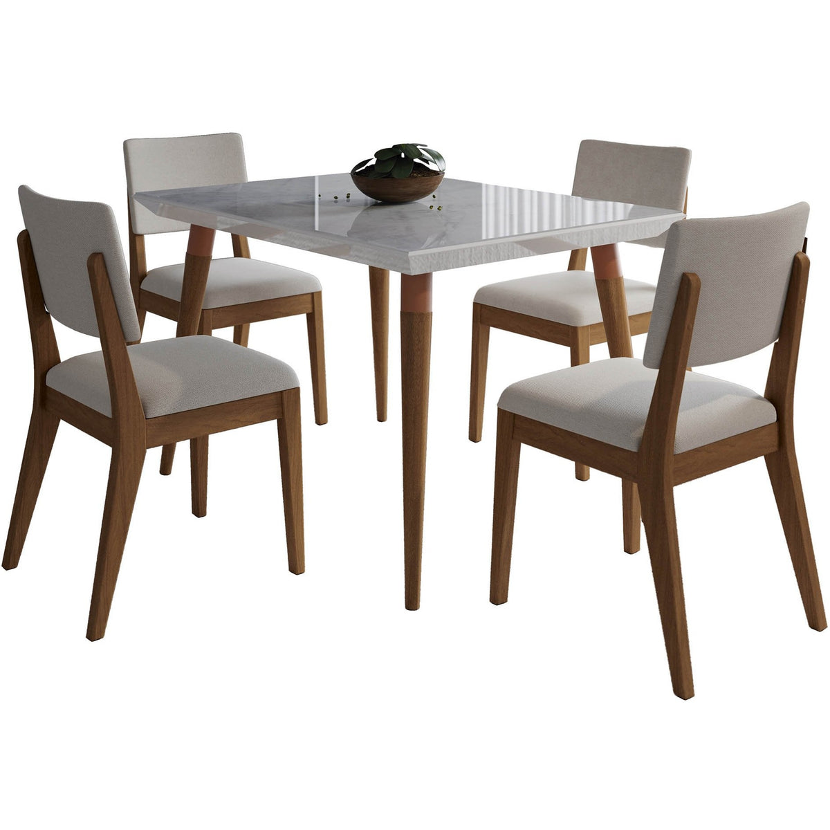 Manhattan Comfort 5-Piece Utopia 47.24" and Dover Dining Set with 4 Dining Chairs in White Gloss Marble and Beige-Minimal & Modern