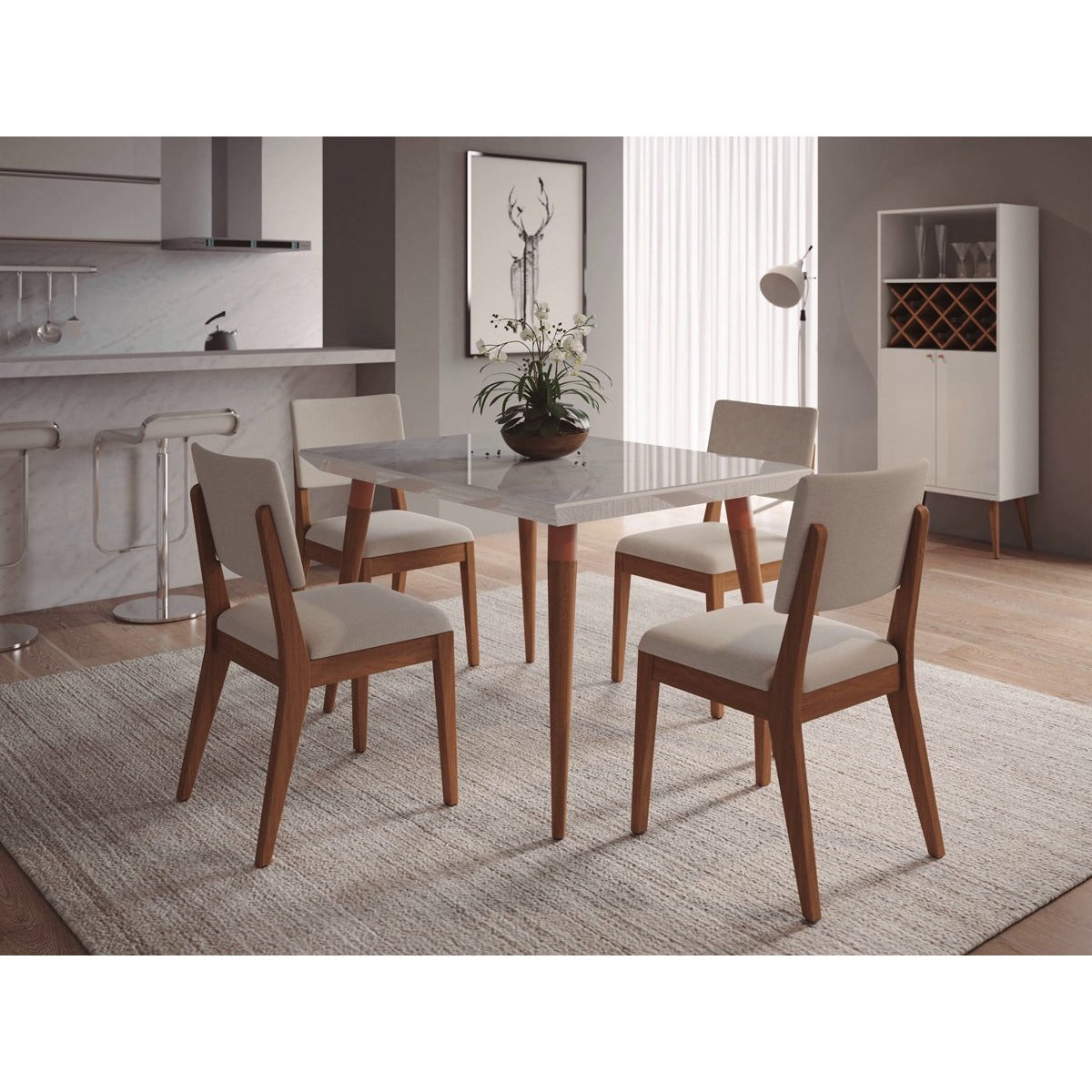 Manhattan Comfort 5-Piece Utopia 47.24" and Dover Dining Set with 4 Dining Chairs in White Gloss Marble and Beige-Minimal & Modern