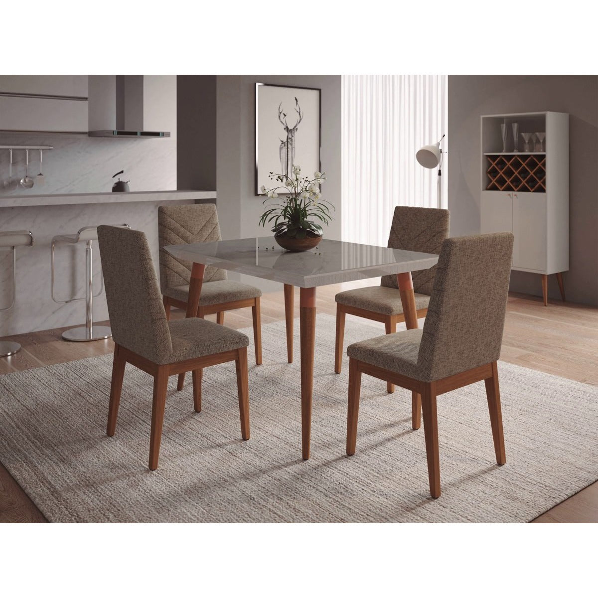 Manhattan Comfort 5-Piece Utopia 47.24" and Catherine Dining Set with 4 Dining Chairs in Off White Marble and Grey-Minimal & Modern