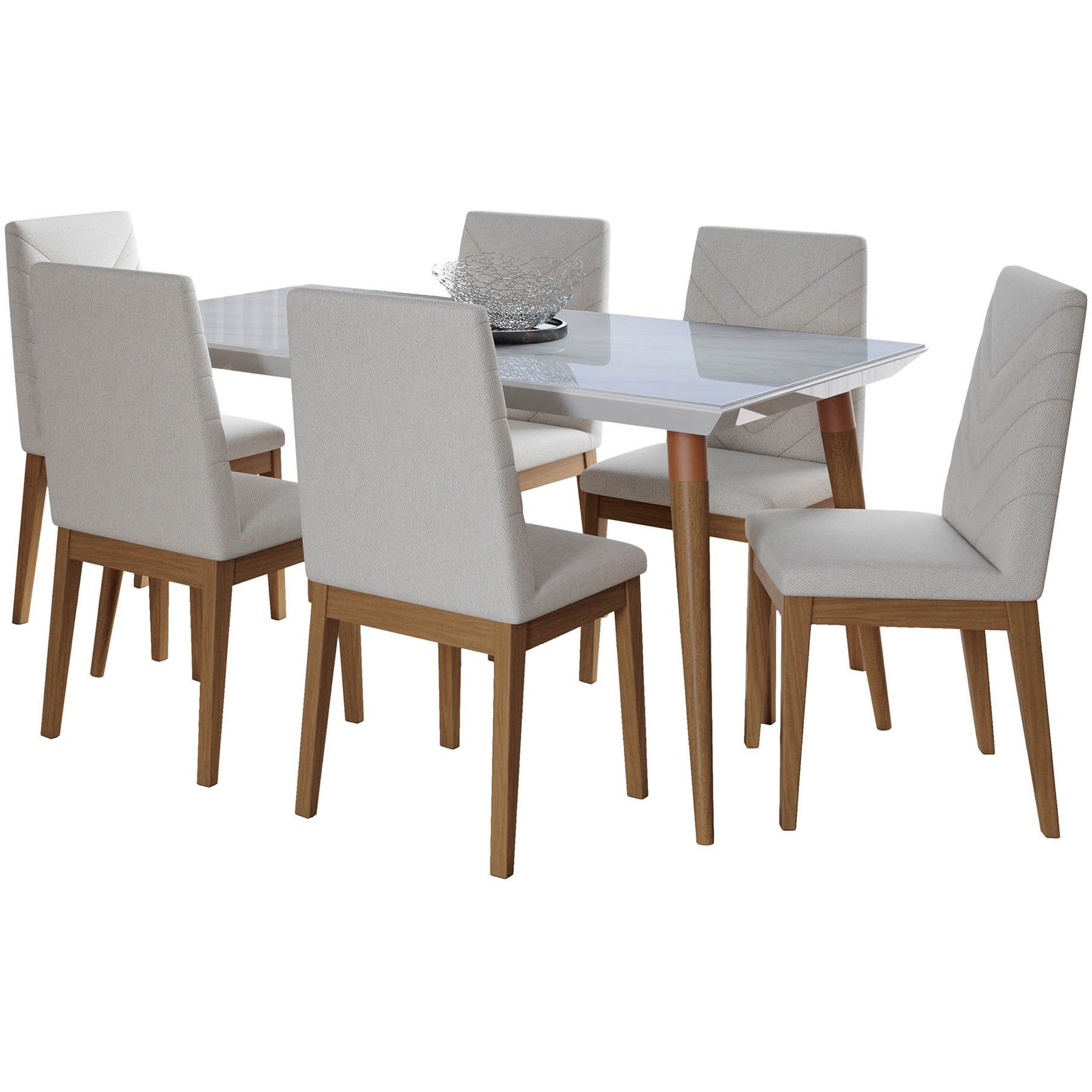 Manhattan Comfort 7-Piece Utopia 62.99" and Catherine Dining Set with 6 Dining Chairs in White Gloss Marble and Beige-Minimal & Modern