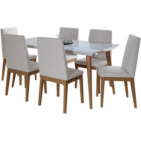 Manhattan Comfort 7-Piece Utopia 62.99" and Catherine Dining Set with 6 Dining Chairs in White Gloss Marble and Beige-Minimal & Modern