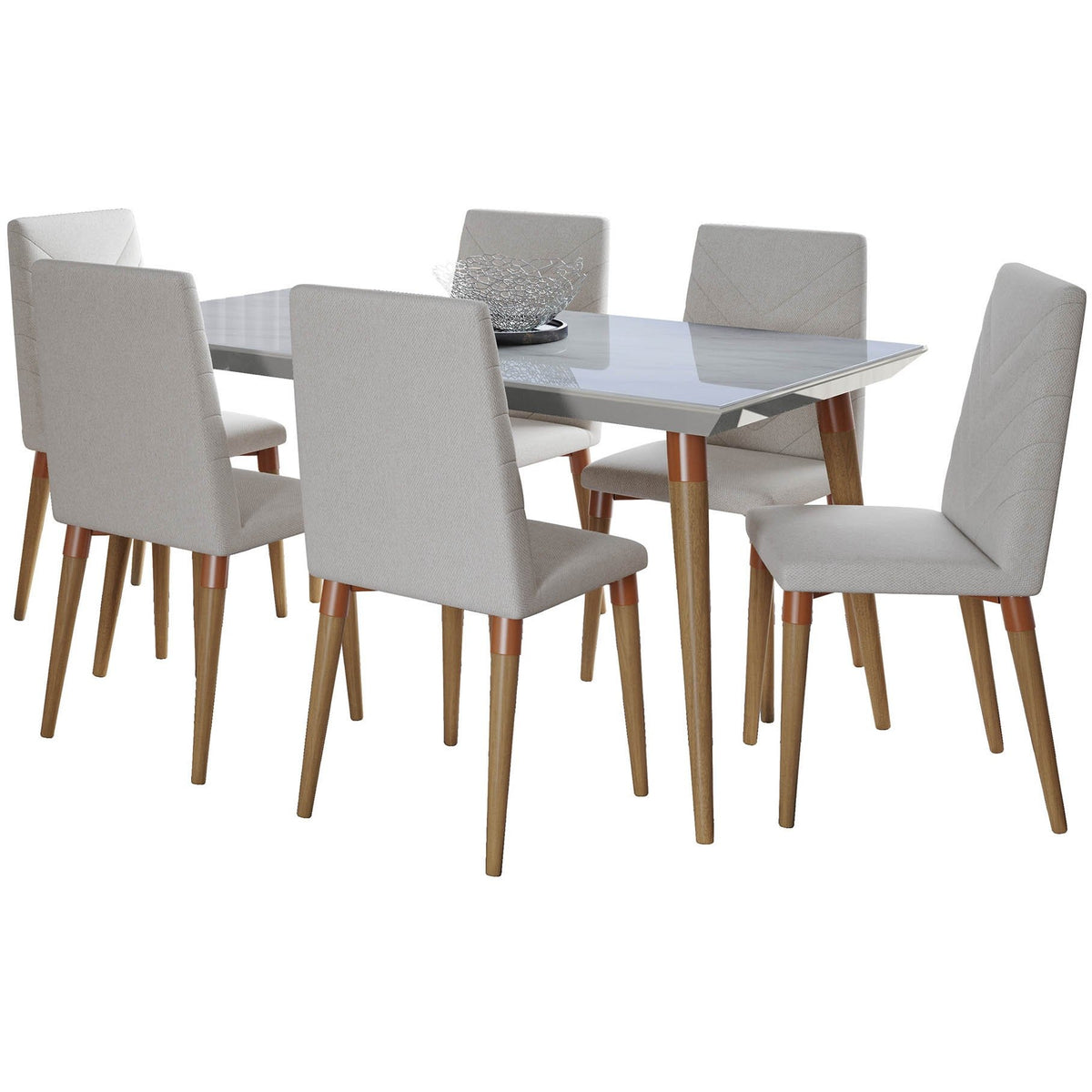 Manhattan Comfort 7-Piece Utopia 62.99" Dining Set with 6 Dining Chairs in White Gloss Marble and Beige-Minimal & Modern