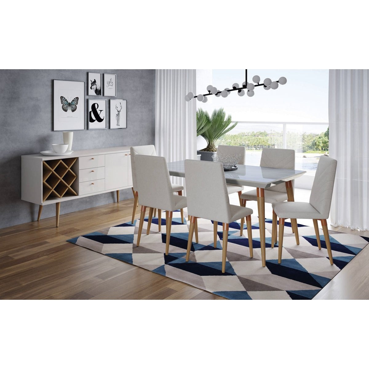 Manhattan Comfort 7-Piece Utopia 62.99" Dining Set with 6 Dining Chairs in White Gloss Marble and Beige-Minimal & Modern