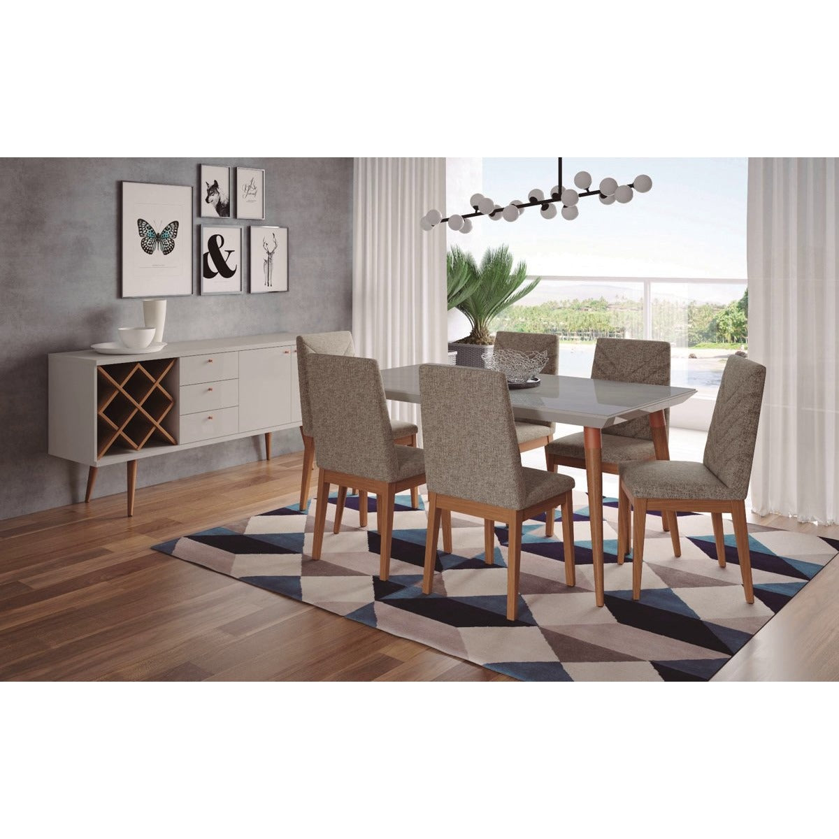 Manhattan Comfort 7-Piece Utopia 62.99" and Catherine Dining Set with 6 Dining Chairs in Off White Marble and Grey-Minimal & Modern