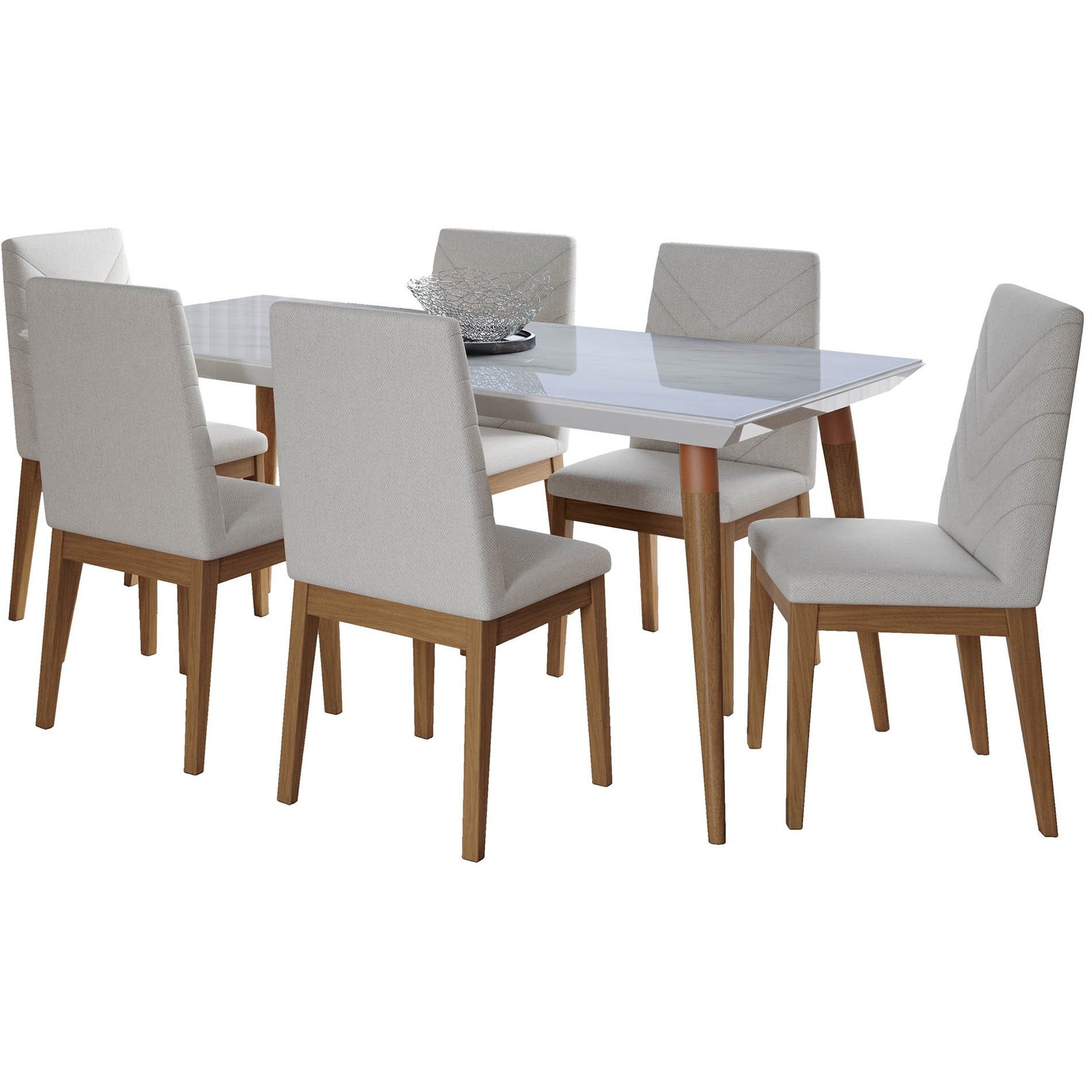 Manhattan Comfort 7-Piece Utopia 70.86" and Catherine Dining Set with 6 Dining Chairs in White Gloss Marble and Beige-Minimal & Modern
