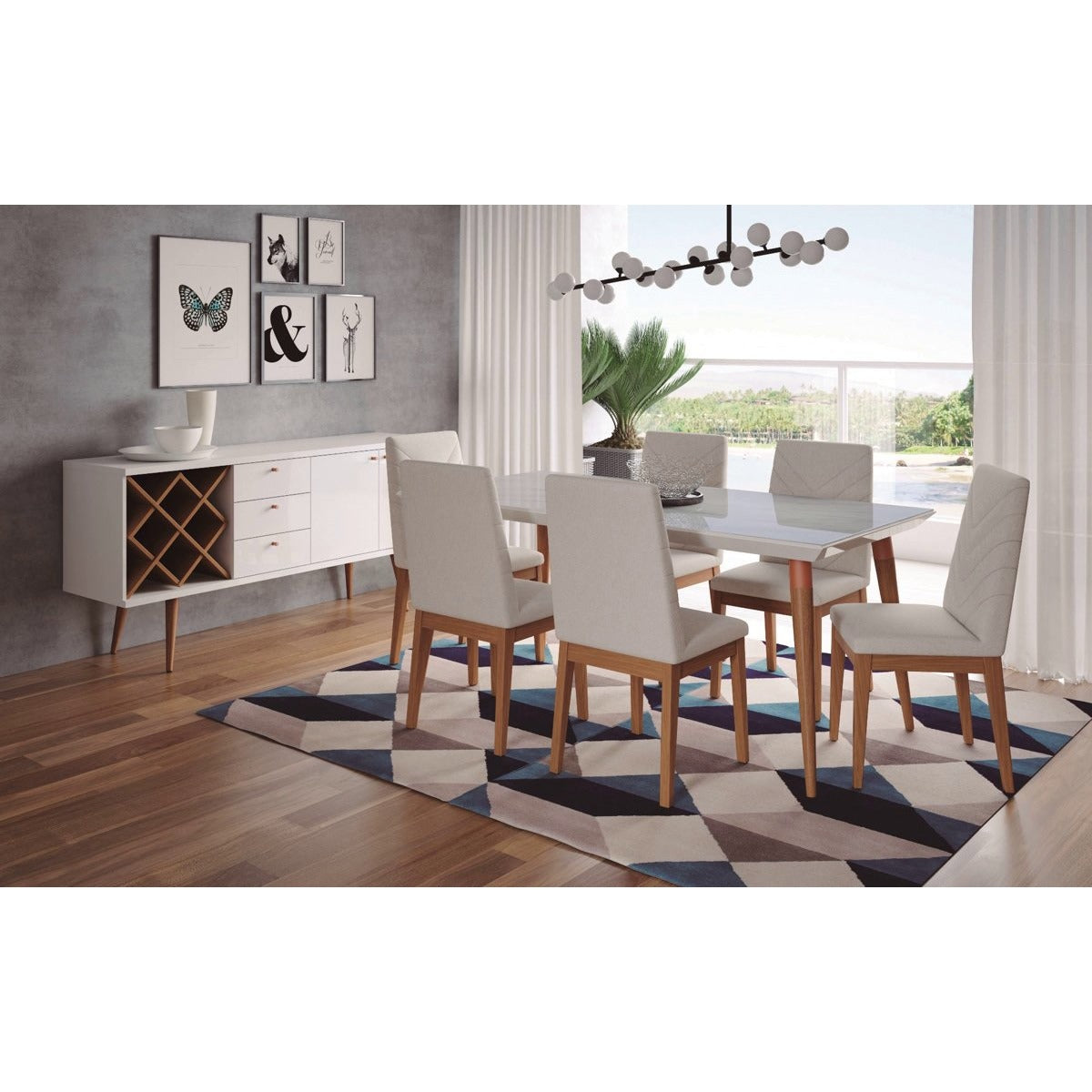 Manhattan Comfort 7-Piece Utopia 70.86" and Catherine Dining Set with 6 Dining Chairs in White Gloss Marble and Beige-Minimal & Modern