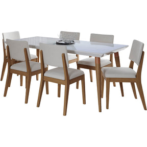 Manhattan Comfort 7-Piece Utopia 70.86" and Dover Dining Set with 6 Dining Chairs in White Gloss Marble and Beige-Minimal & Modern