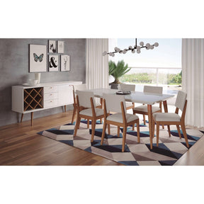 Manhattan Comfort 7-Piece Utopia 70.86" and Dover Dining Set with 6 Dining Chairs in White Gloss Marble and Beige-Minimal & Modern