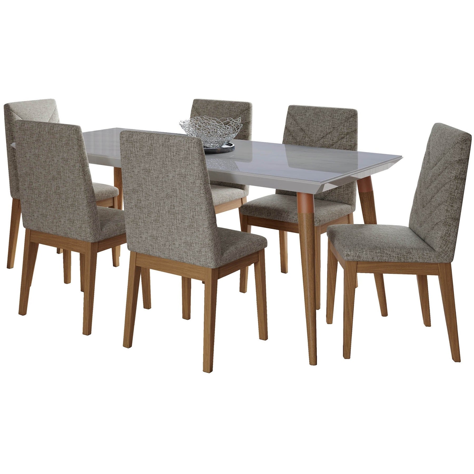 Manhattan Comfort 7-Piece Utopia 70.86" and Catherine Dining Set with 6 Dining Chairs in Off White Marble and Grey-Minimal & Modern