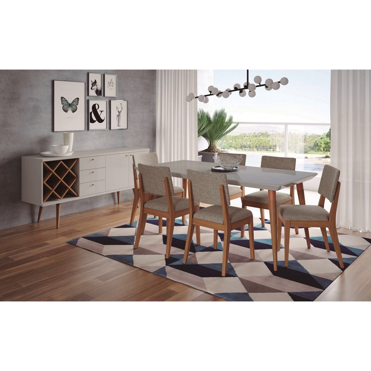 Manhattan Comfort 7-Piece Utopia 70.86" and Dover Dining Set with 6 Dining Chairs in Off White Marble and Grey-Minimal & Modern