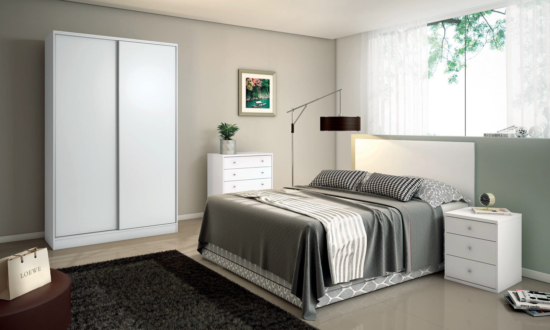 Manhattan Comfort Chelsea 1.0 - 54.33 inch Wide Double Basic Wardrobe with 3 Drawers and 2 Sliding Doors in White-Minimal & Modern