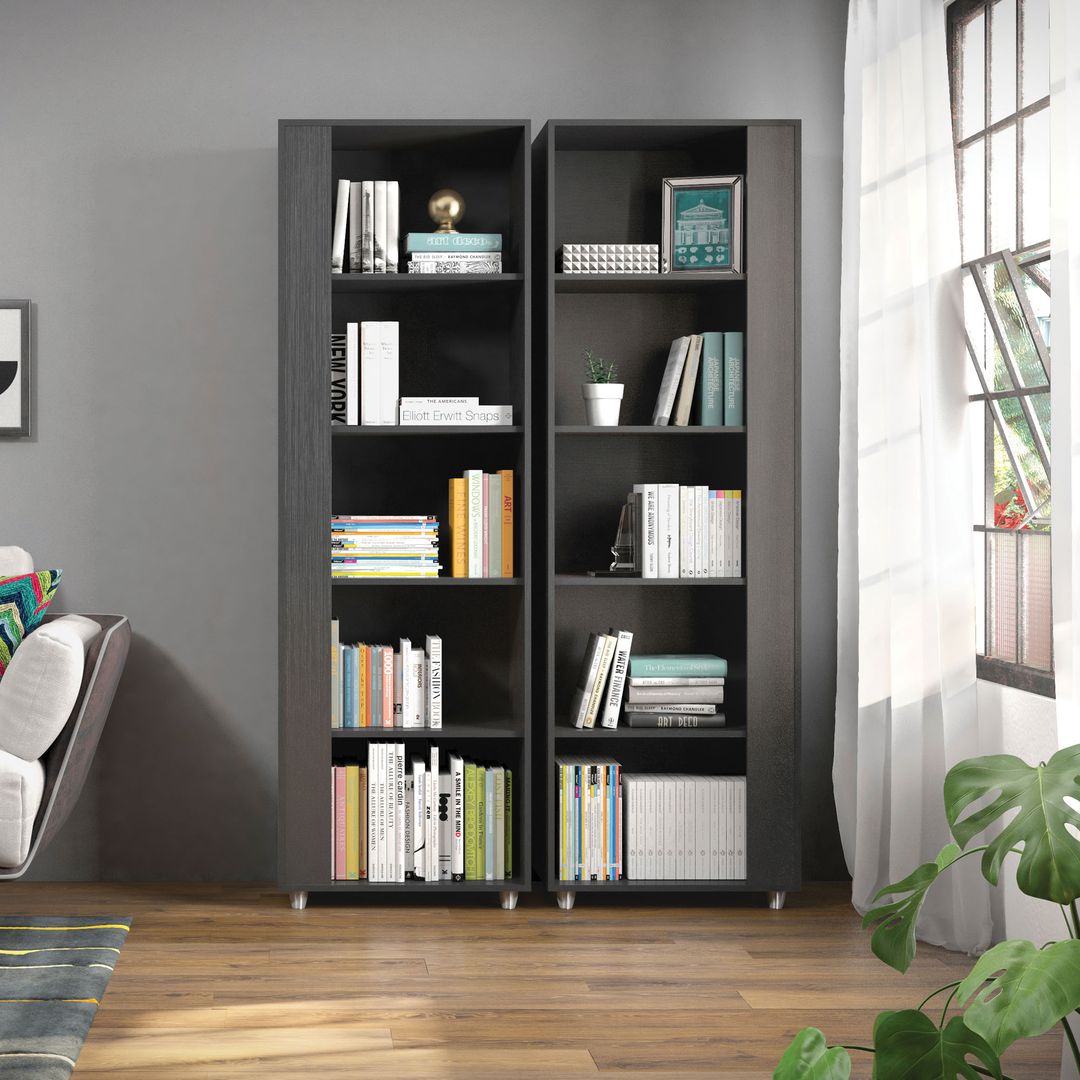 Manhattan Comfort Cypress Mid-Century- Modern Bookcase with 5 Shelves- Set of 2 in Black
