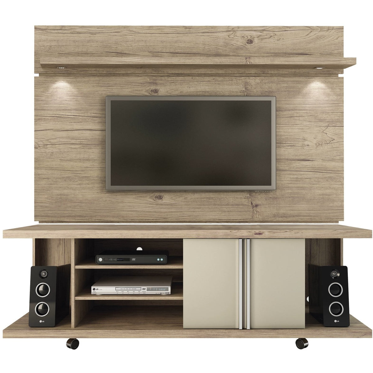 Manhattan Comfort Carnegie TV Stand and Park 1.8 Floating Wall TV Panel with LED Lights in Natue and Nude-Minimal & Modern