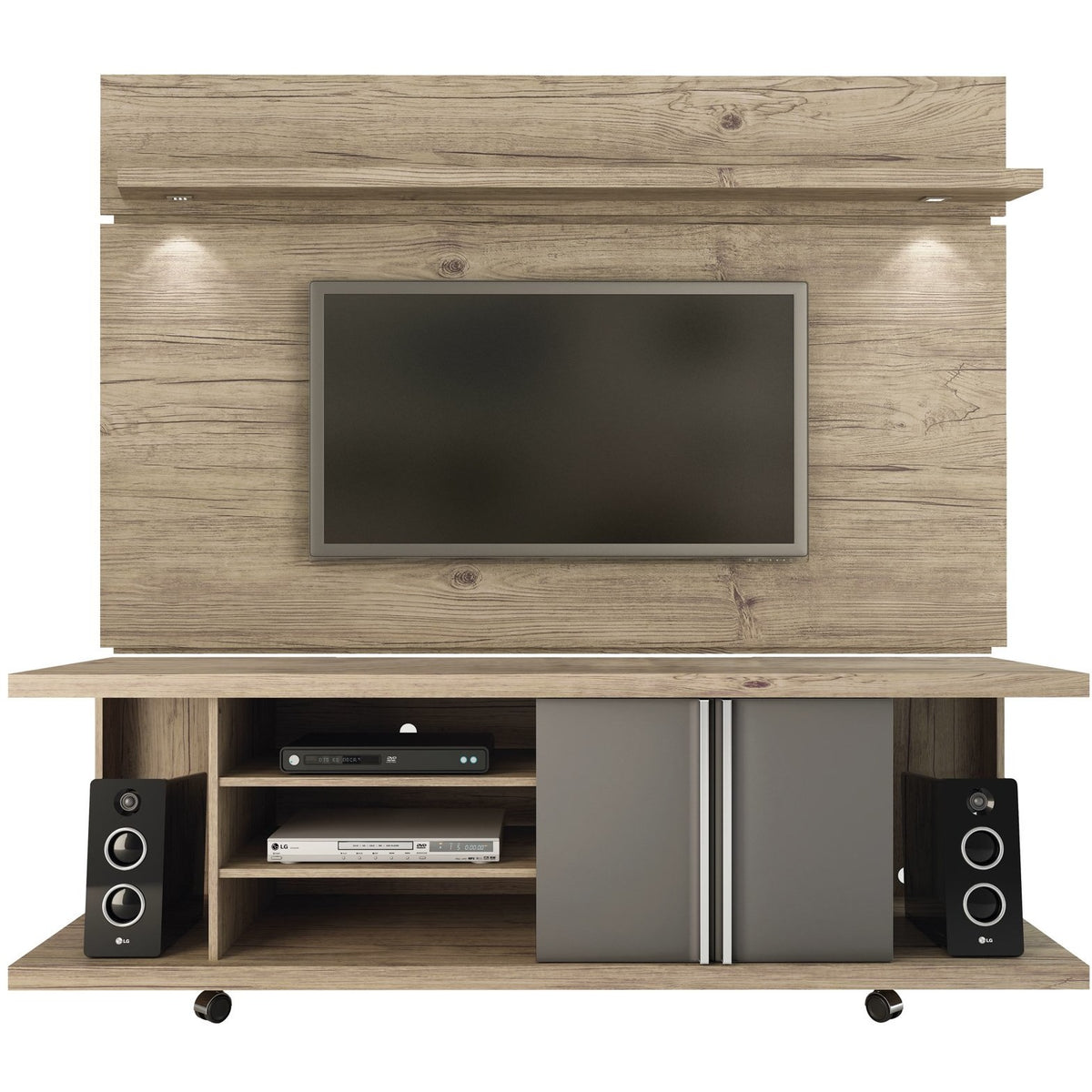 Manhattan Comfort Carnegie TV Stand and Park 1.8 Floating Wall TV Panel with LED Lights in Natue and Onyx-Minimal & Modern