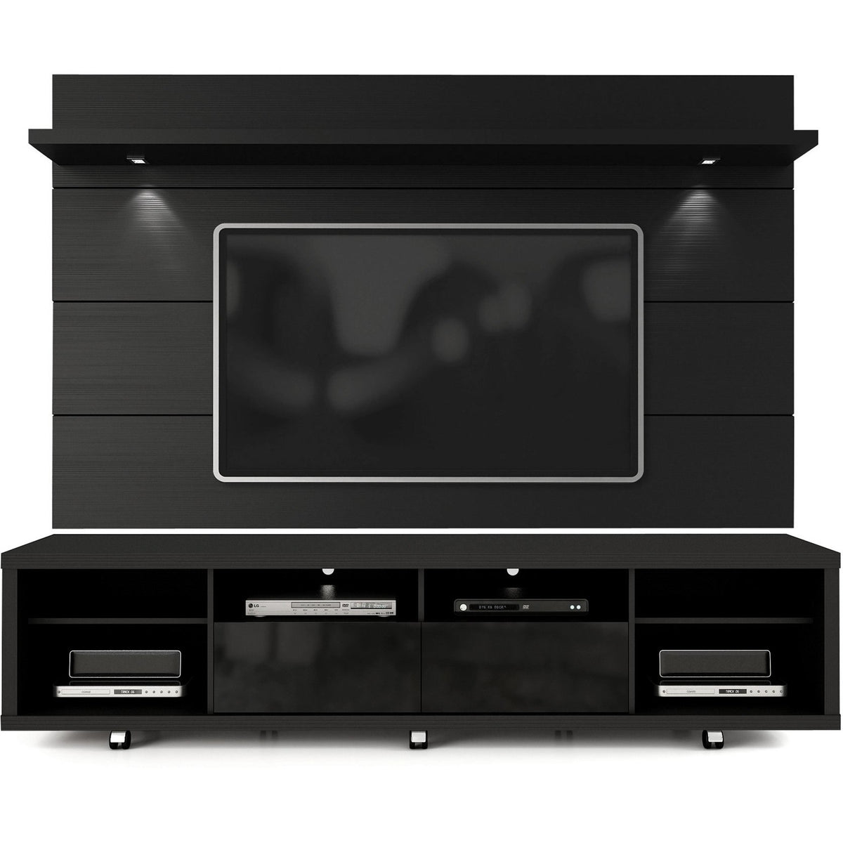 Manhattan Comfort Cabrini TV Stand and Floating Wall TV Panel with LED Lights 2.2 in Black-Minimal & Modern