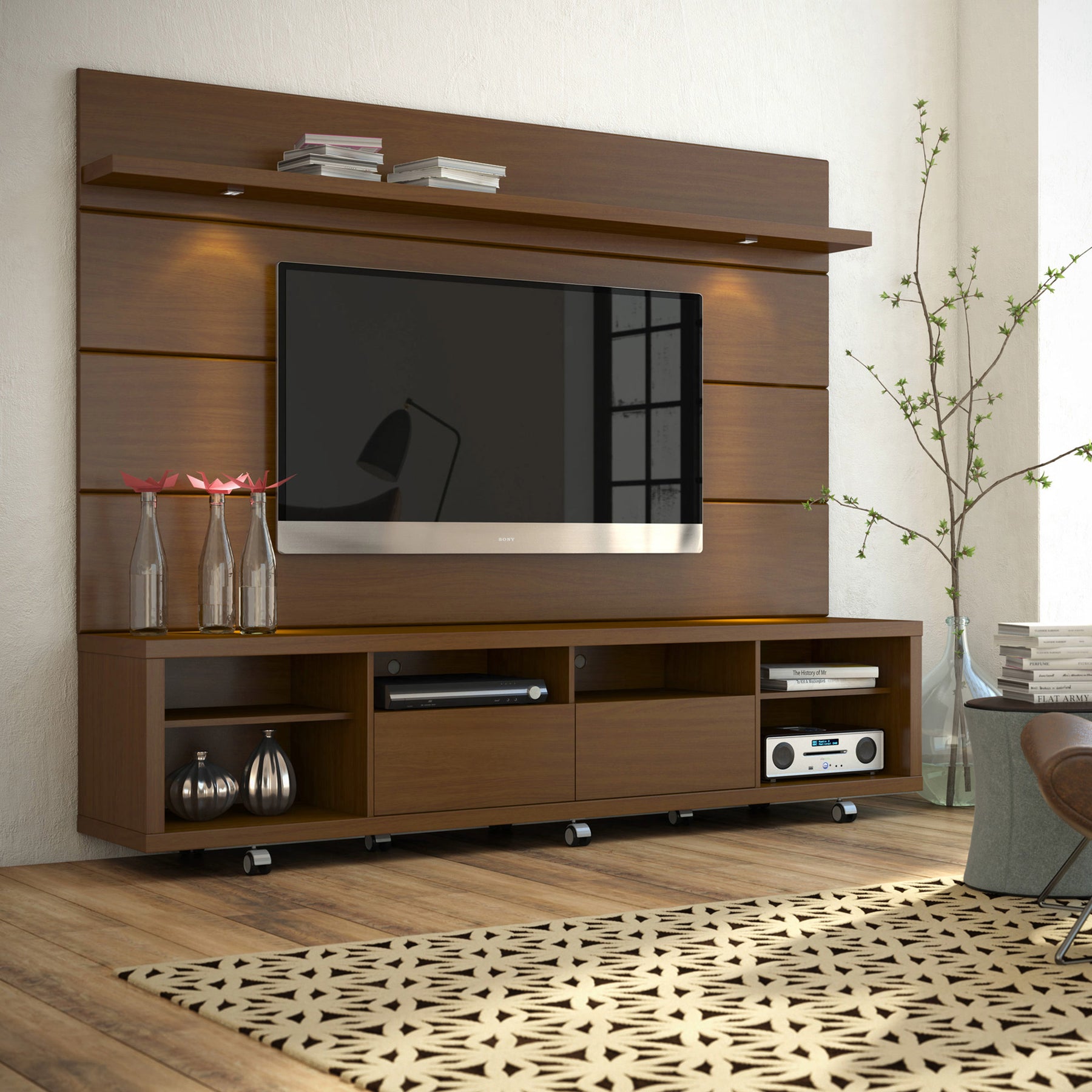 Manhattan Comfort Cabrini TV Stand and Floating Wall TV Panel with LED Lights 2.2 in Nut Brown-Minimal & Modern